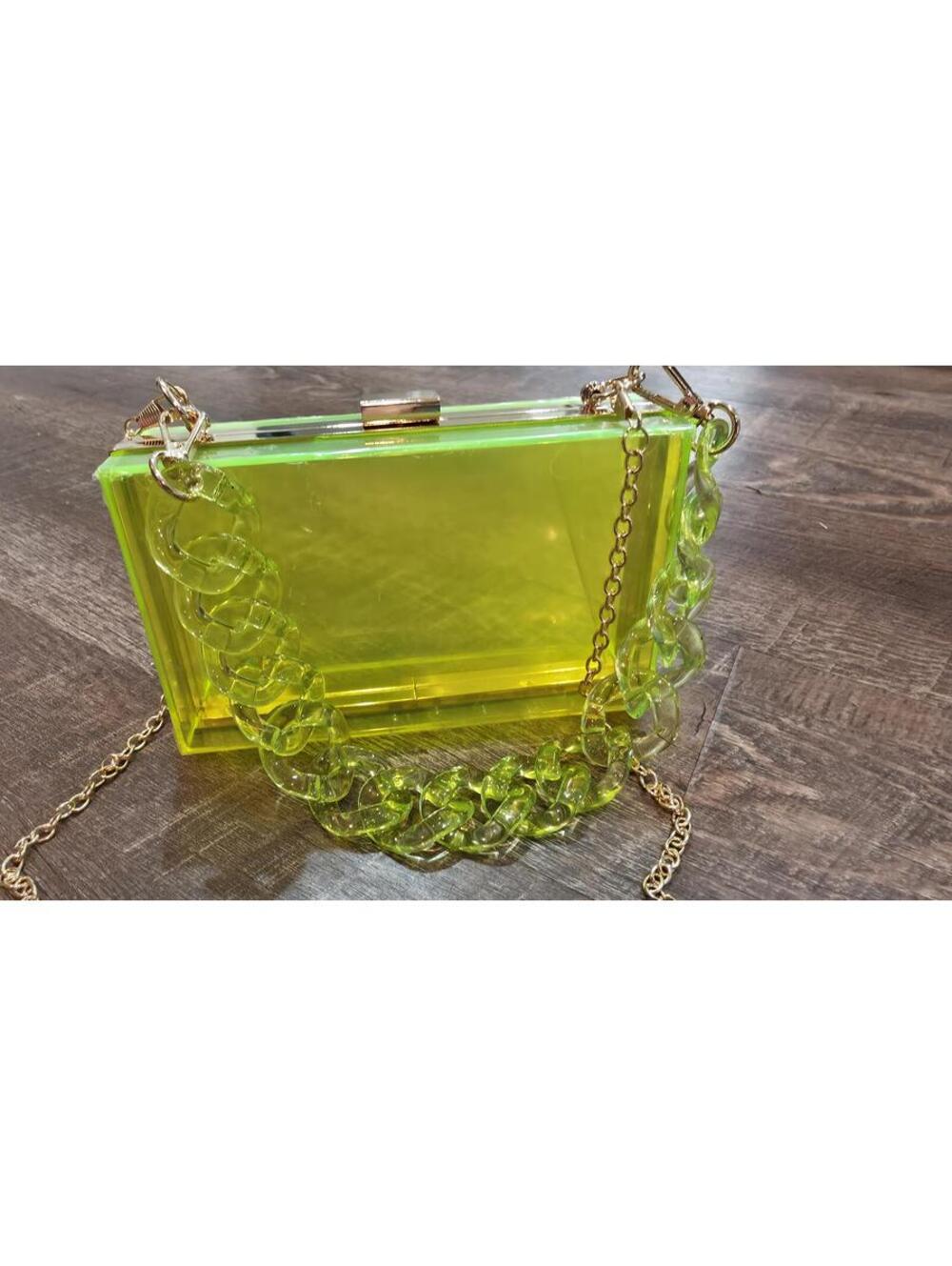Trendy Neon Yellow Acrylic Clutch Purse with Gold Chain